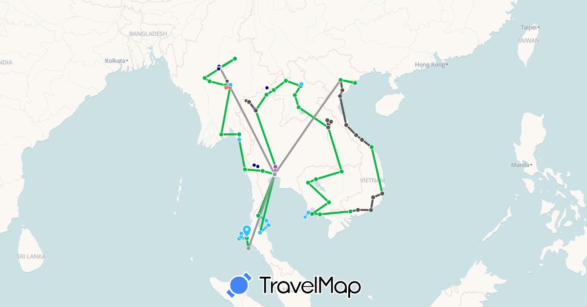 TravelMap itinerary: driving, bus, plane, cycling, train, hiking, boat, motorbike in Cambodia, Laos, Myanmar (Burma), Thailand, Vietnam (Asia)